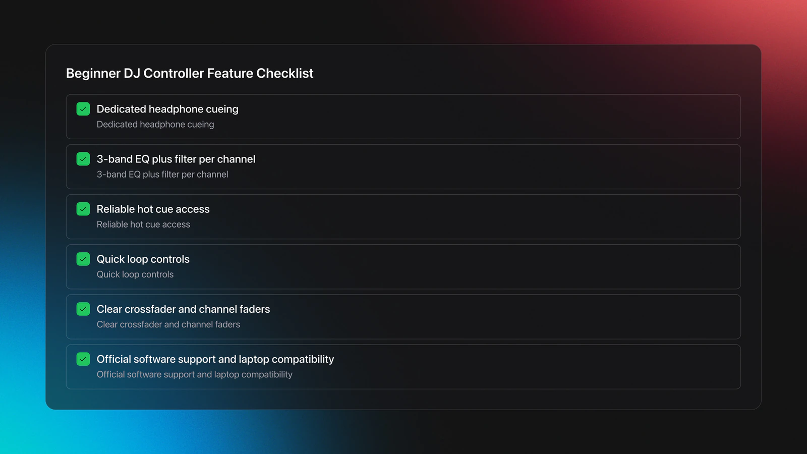 Checklist card of essential beginner DJ controller features including cueing, EQ, filters, hot cues, loop controls, faders, and software support