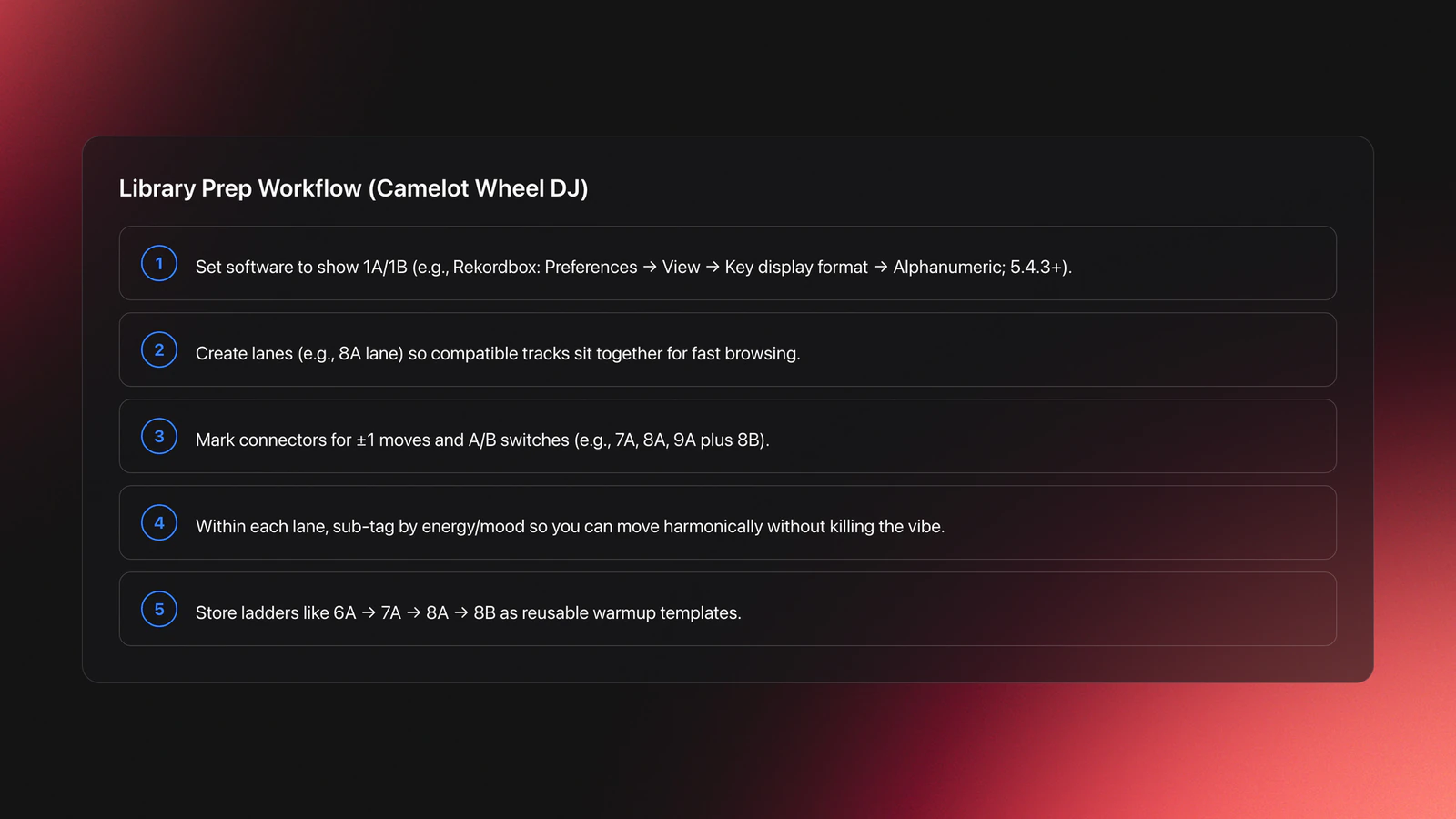 Step-by-step library preparation workflow for Camelot Wheel DJ harmonic mixing, from setting alphanumeric key display to tagging lanes and saving transition sequences