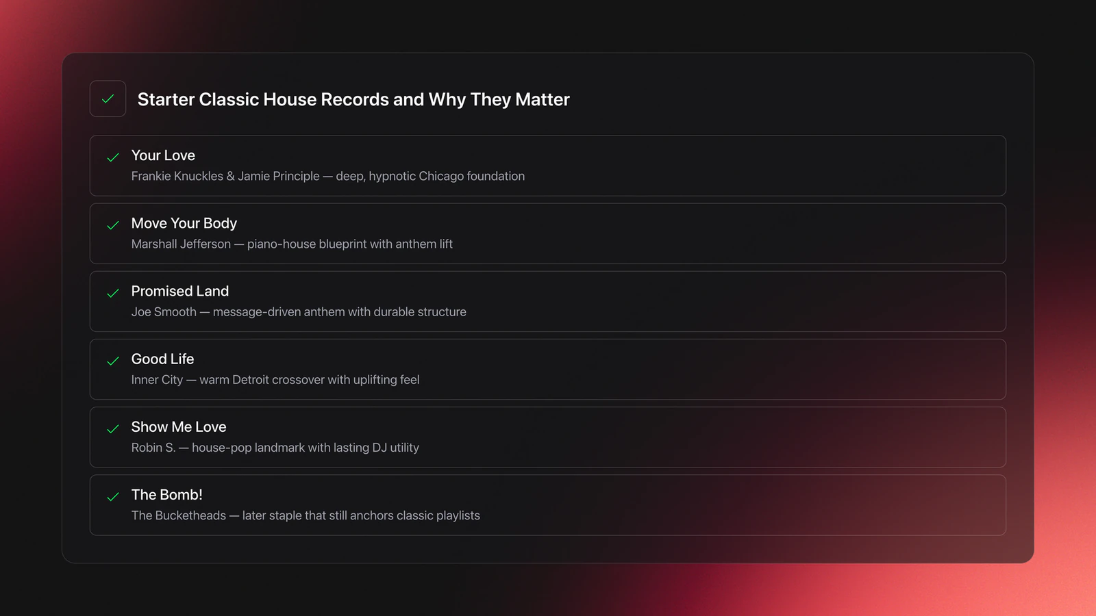 Feature card listing six classic house songs with a short note on what each contributes to the genre