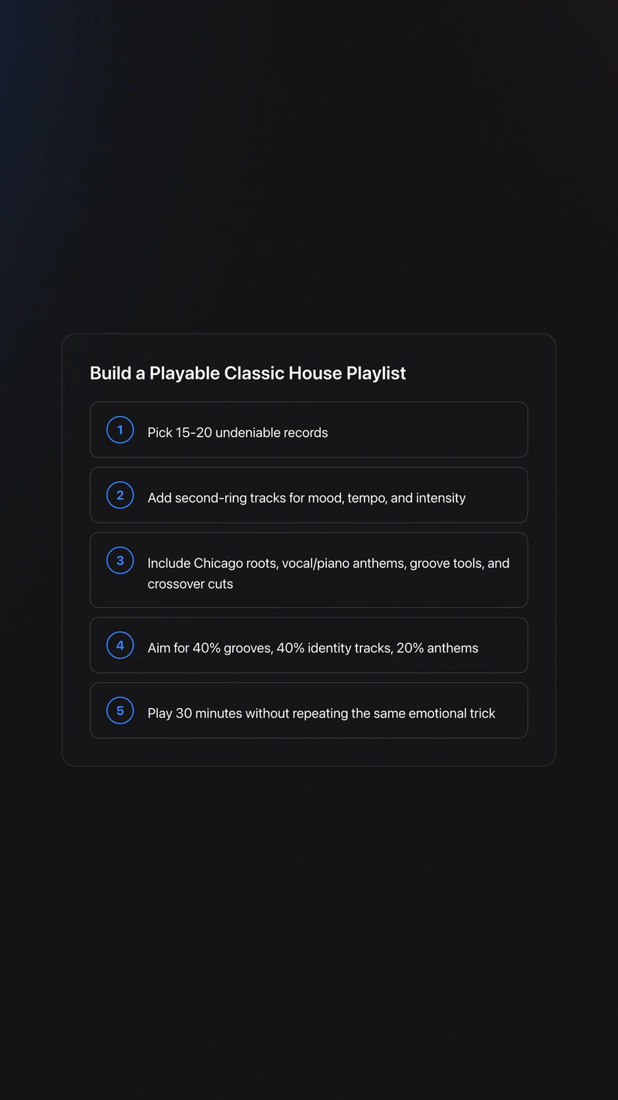 Steps card showing a five-step method for building a balanced classic house music playlist