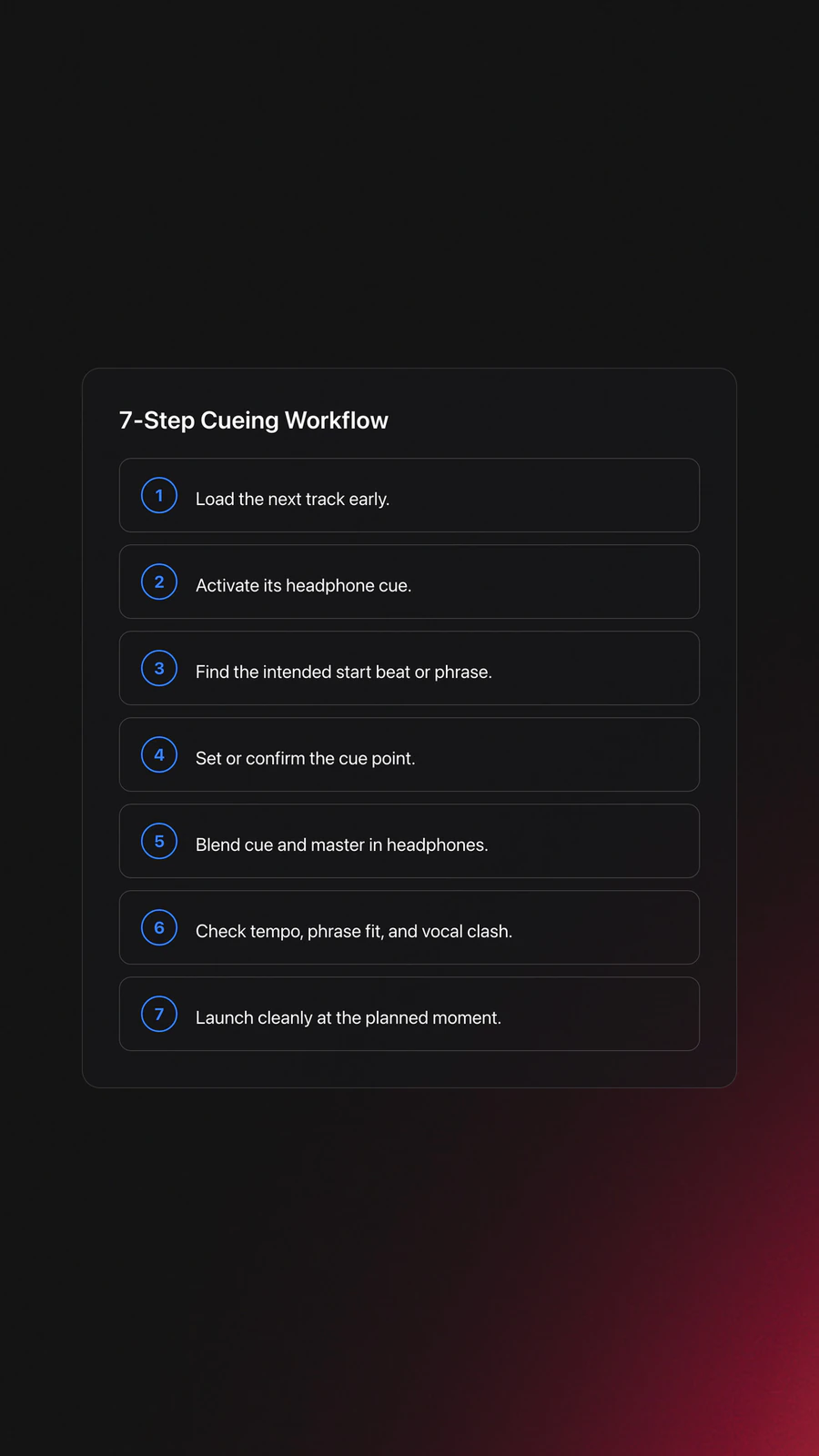 Steps card showing the cueing tracks workflow from loading early to launching at the planned moment