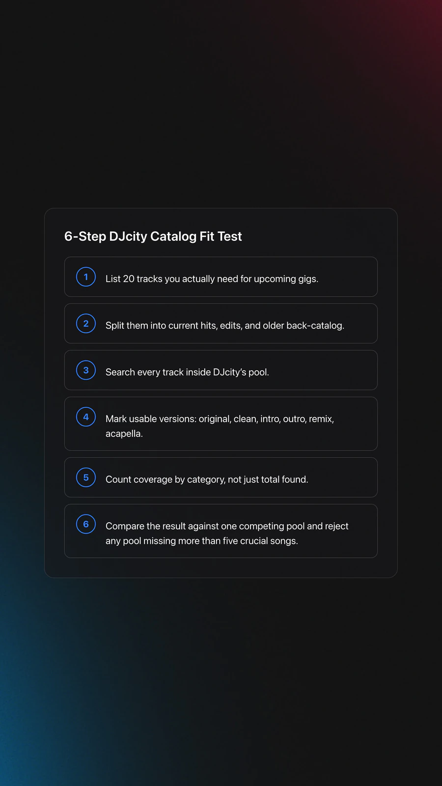 Step-by-step card showing how to test DJcity before paying by building a real gig list, checking versions, measuring category coverage, and comparing with a competing pool