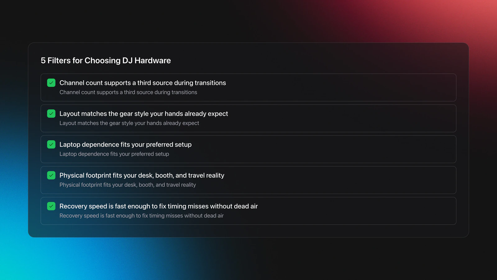 Checklist card summarizing five practical buying criteria for DJ hardware