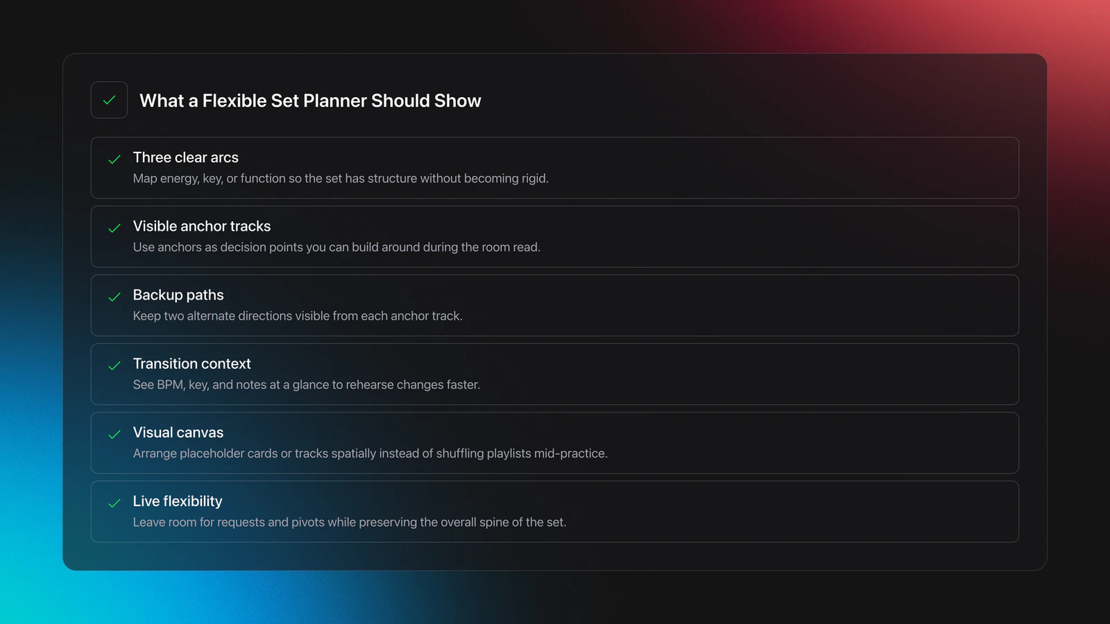 Feature card listing the key elements of a visual DJ set planning workflow
