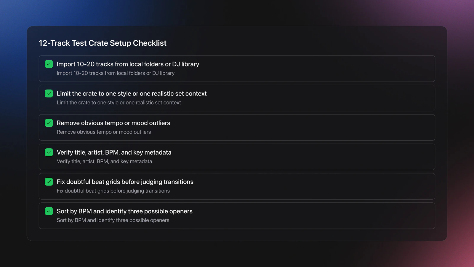 Checklist for building a small organized DJ test crate with clean metadata, beat grids, and opening track options