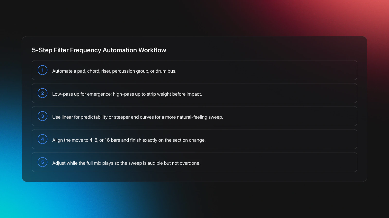 Five-step card showing how to apply filter frequency automation from choosing a source to checking the result in context