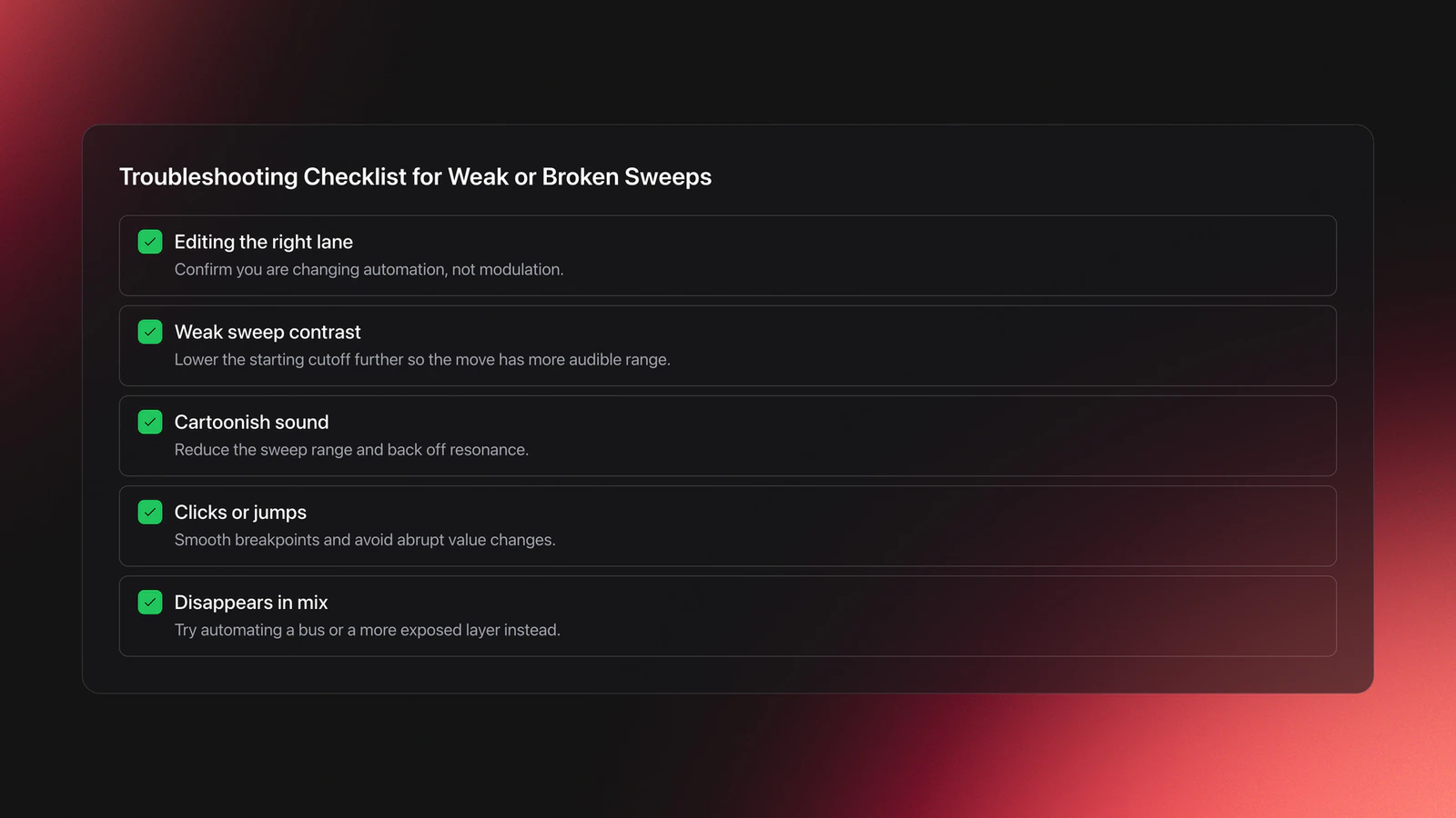 Checklist of common filter frequency automation problems and fixes including automation versus modulation, weak sweeps, clicks, and mix issues