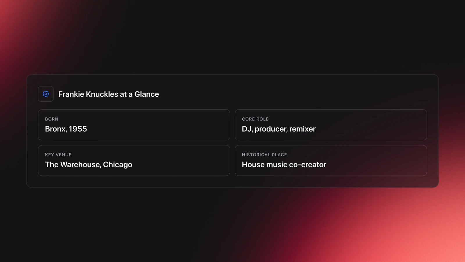 Quick-reference card summarizing Frankie Knuckles's birth, role, key venue, and place in house music history
