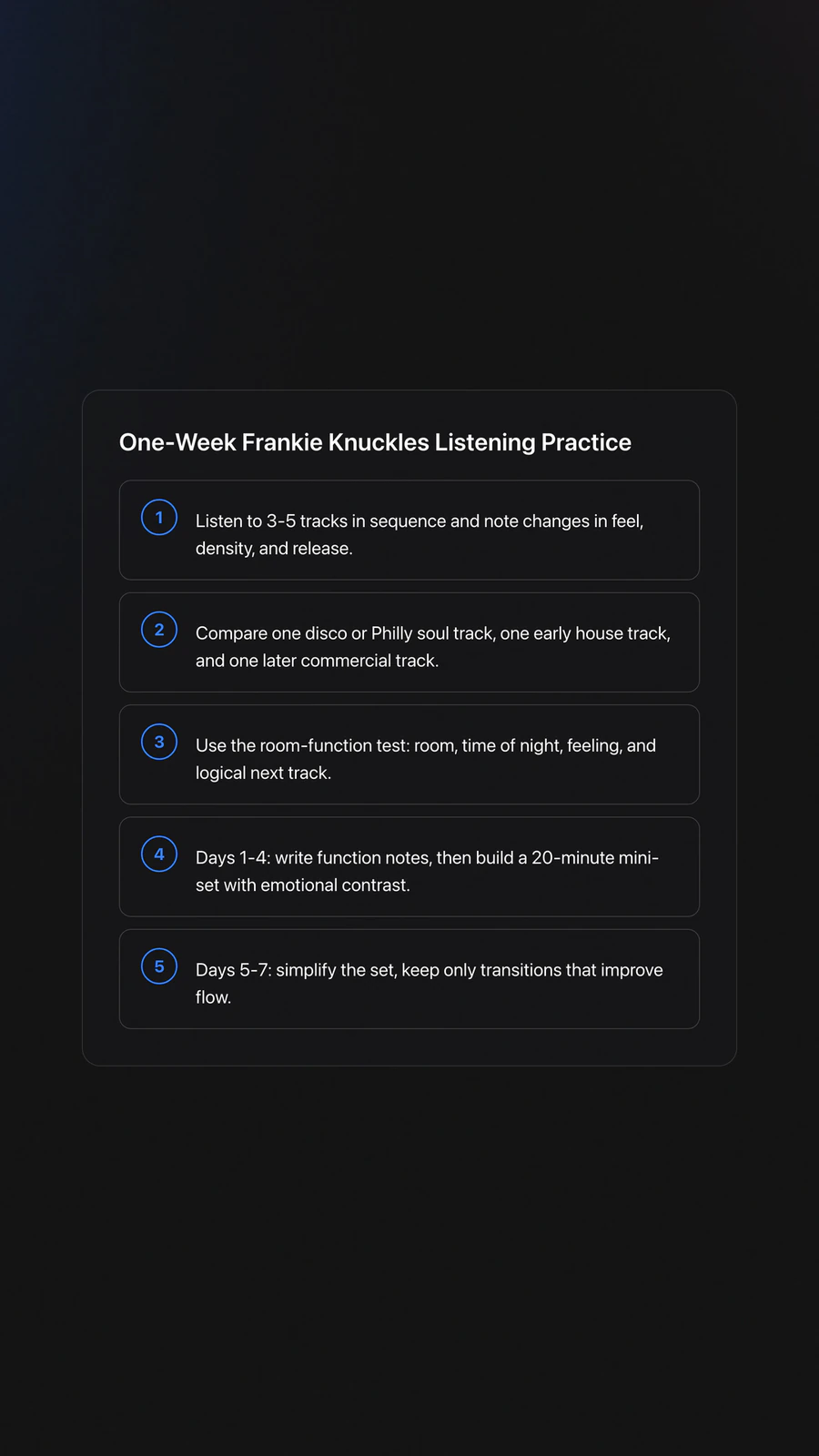 Step-by-step card outlining a one-week method for listening to Frankie Knuckles more actively and building better sequencing instincts
