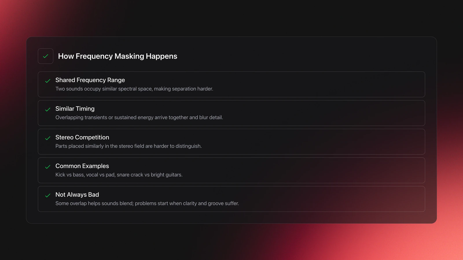 Feature card explaining frequency masking through shared frequency range, timing, stereo competition, examples, and when overlap becomes a problem