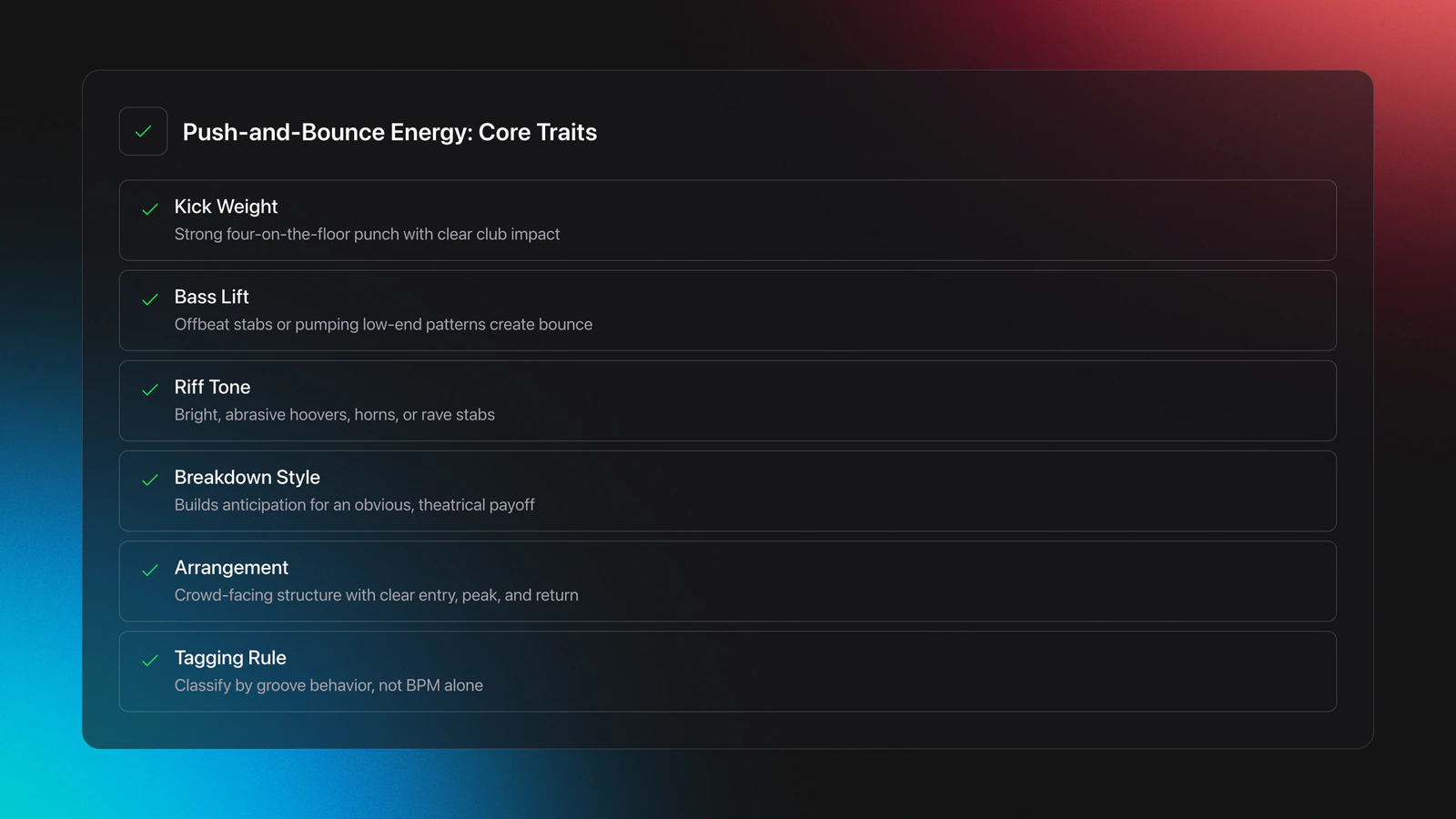 Features card listing six core hard house sound traits including kick, bass, riffs, breakdowns, arrangement and tagging rule