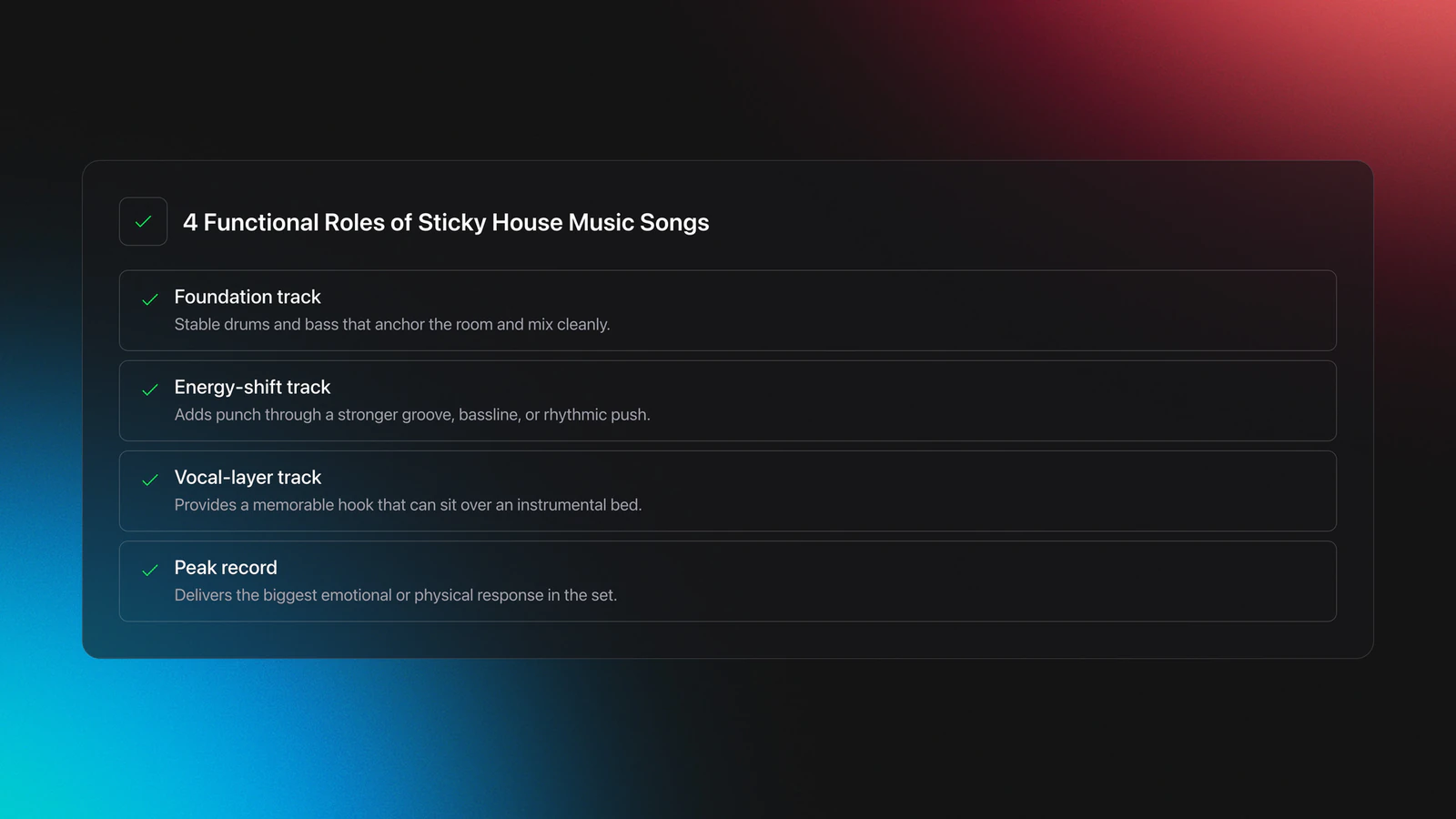 Feature card showing four roles of house music songs: foundation, energy-shift, vocal-layer, and peak record