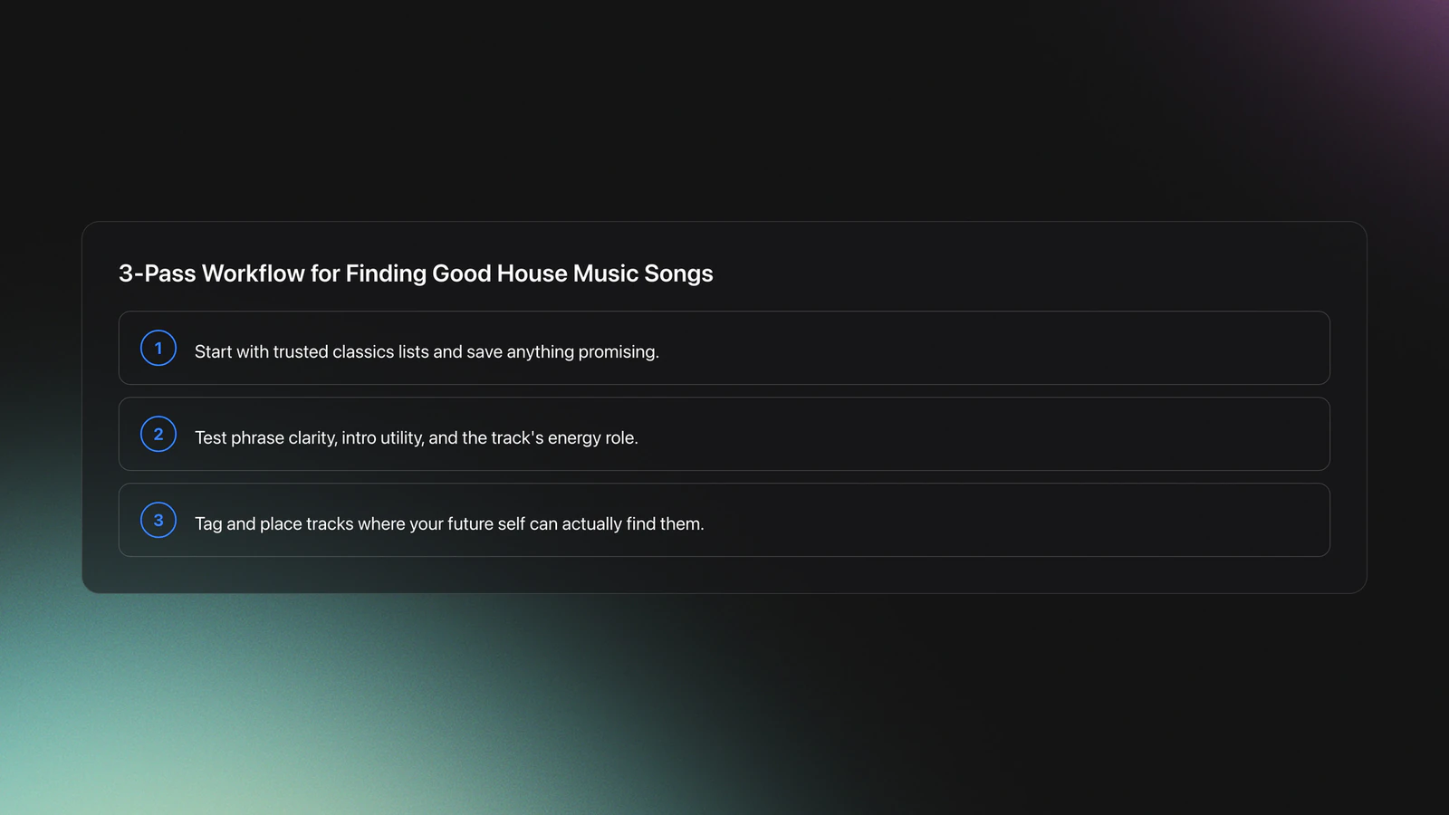Steps card showing a three-pass workflow for discovering, evaluating, and organizing house music songs