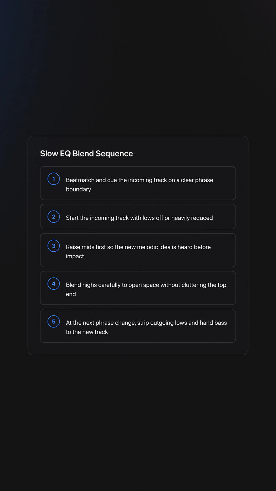 Step-by-step card showing a slow EQ blending process for house trance from phrase alignment to bass handoff