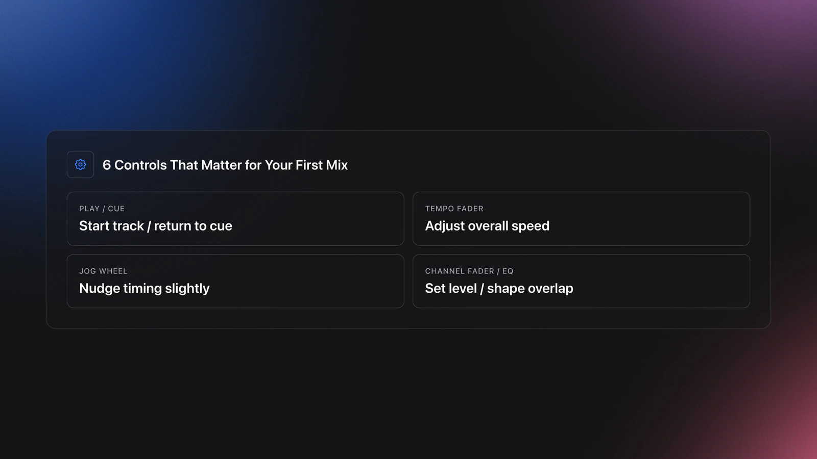 Specifications-style card listing the essential DJ controls for a first mix and what each one does