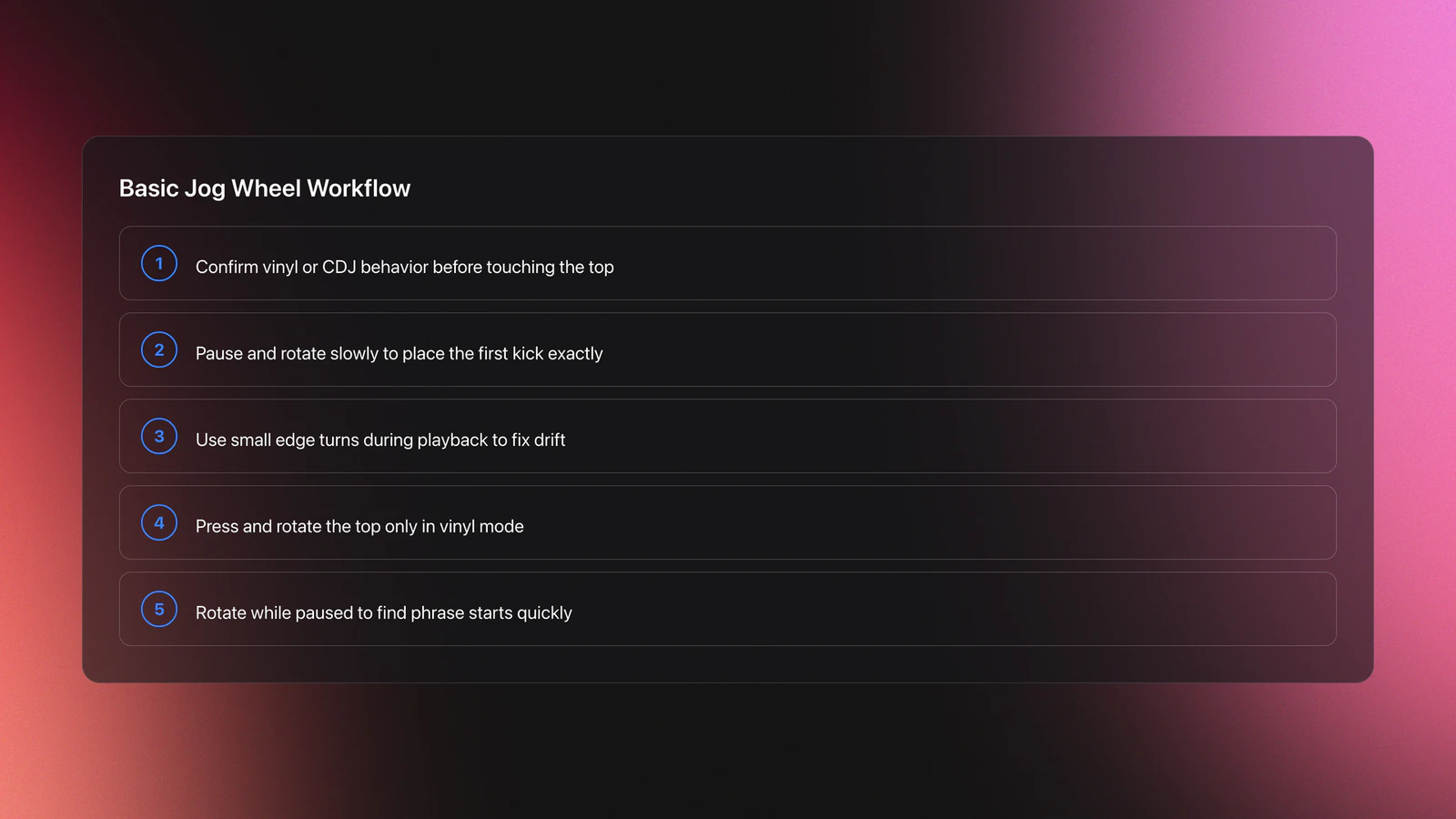 Step-by-step card showing how to use a jog wheel: check mode, set cue, nudge timing, scratch in vinyl mode, and search while paused