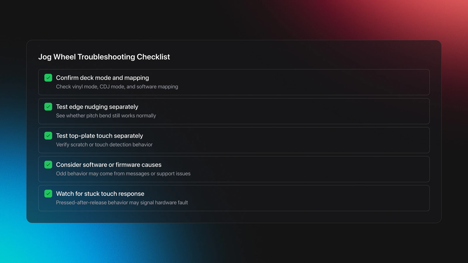 Checklist card for troubleshooting jog wheel problems, including mode checks, separate edge and top tests, mapping review, and signs of hardware faults
