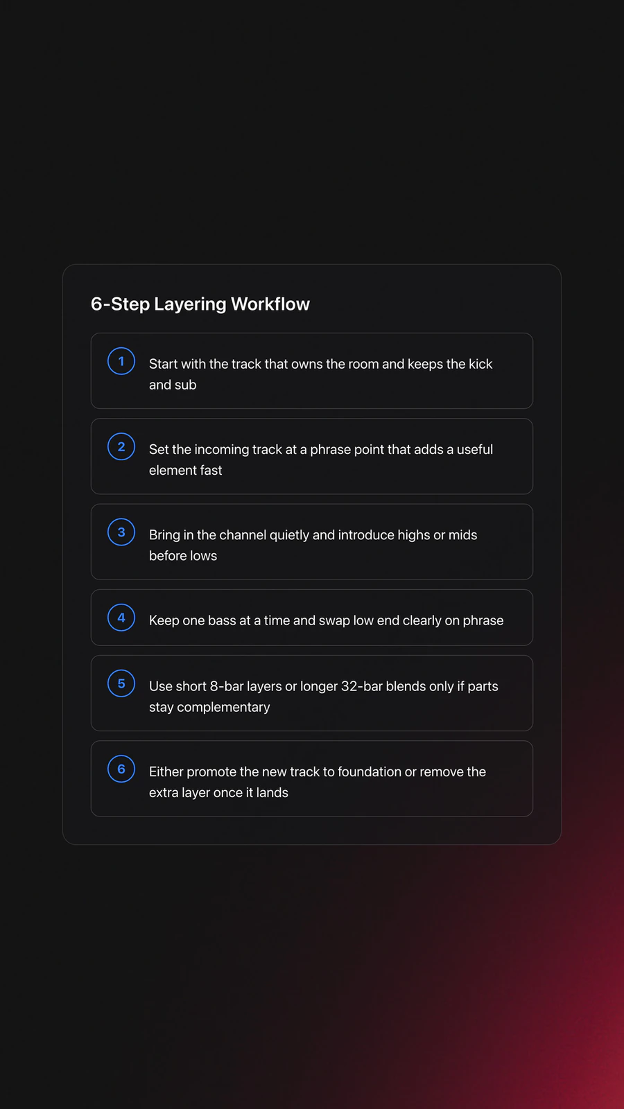 Step-by-step card outlining how to begin layering tracks in a DJ mix