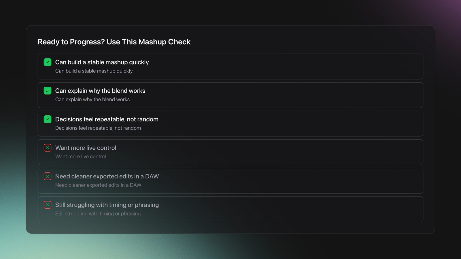 Checklist card showing readiness signals for progressing beyond basic mashups and next-direction options