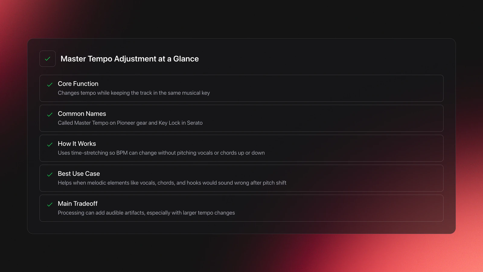 Feature card explaining what Master Tempo Adjustment does, what it is called, how it works, when it helps, and its main tradeoff