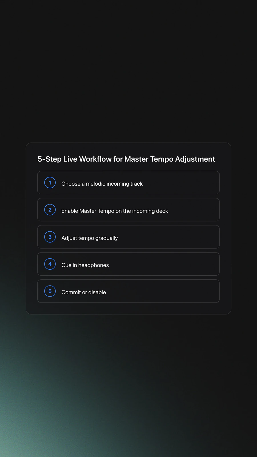 Step card showing a five-step workflow for using Master Tempo Adjustment during a DJ mix