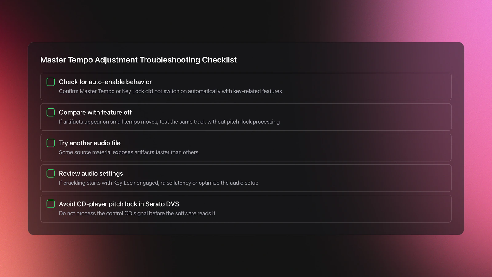 Checklist card for troubleshooting Master Tempo Adjustment issues including artifacts, crackling, and Serato DVS control signal problems