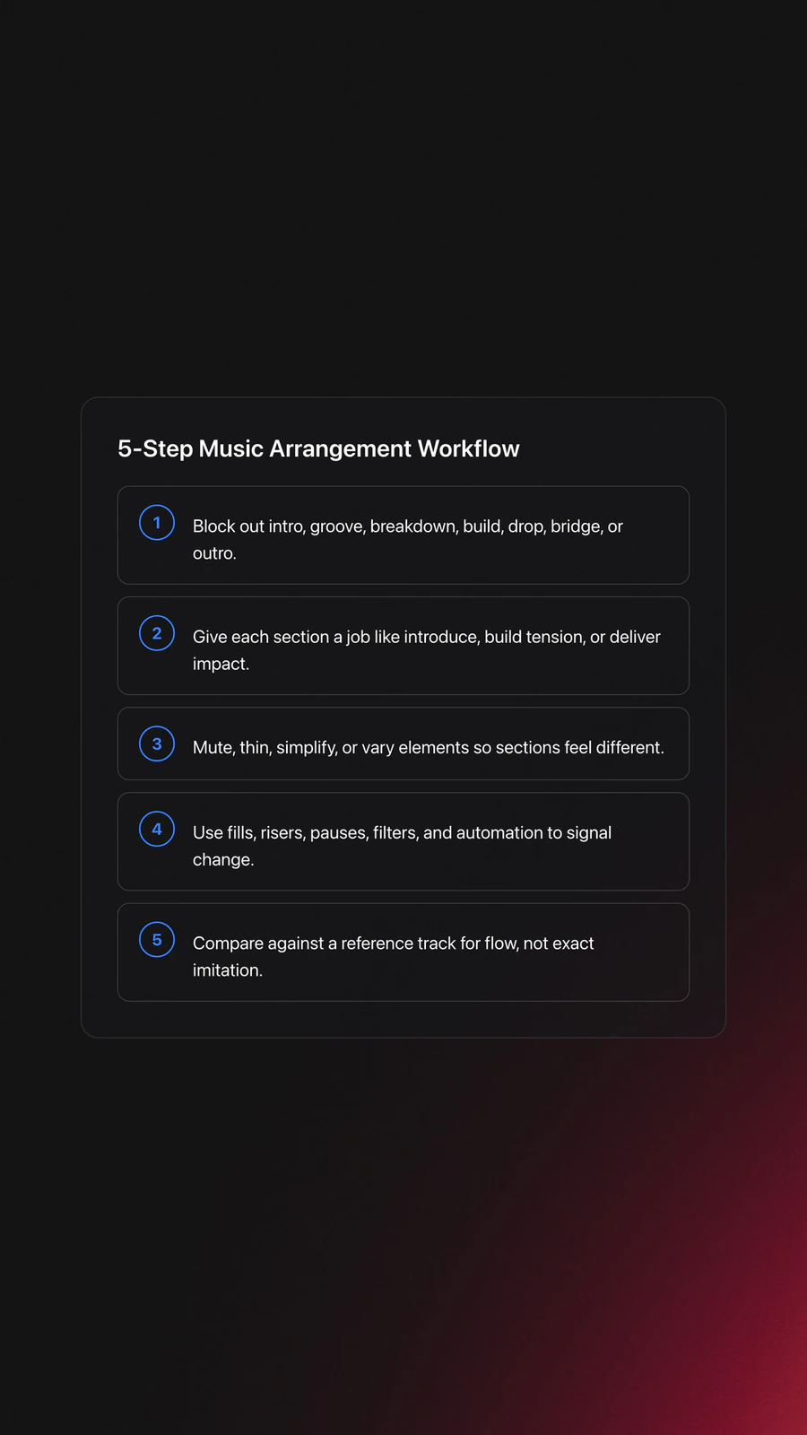 Five-step card outlining the core music arrangement process from mapping sections to checking pacing