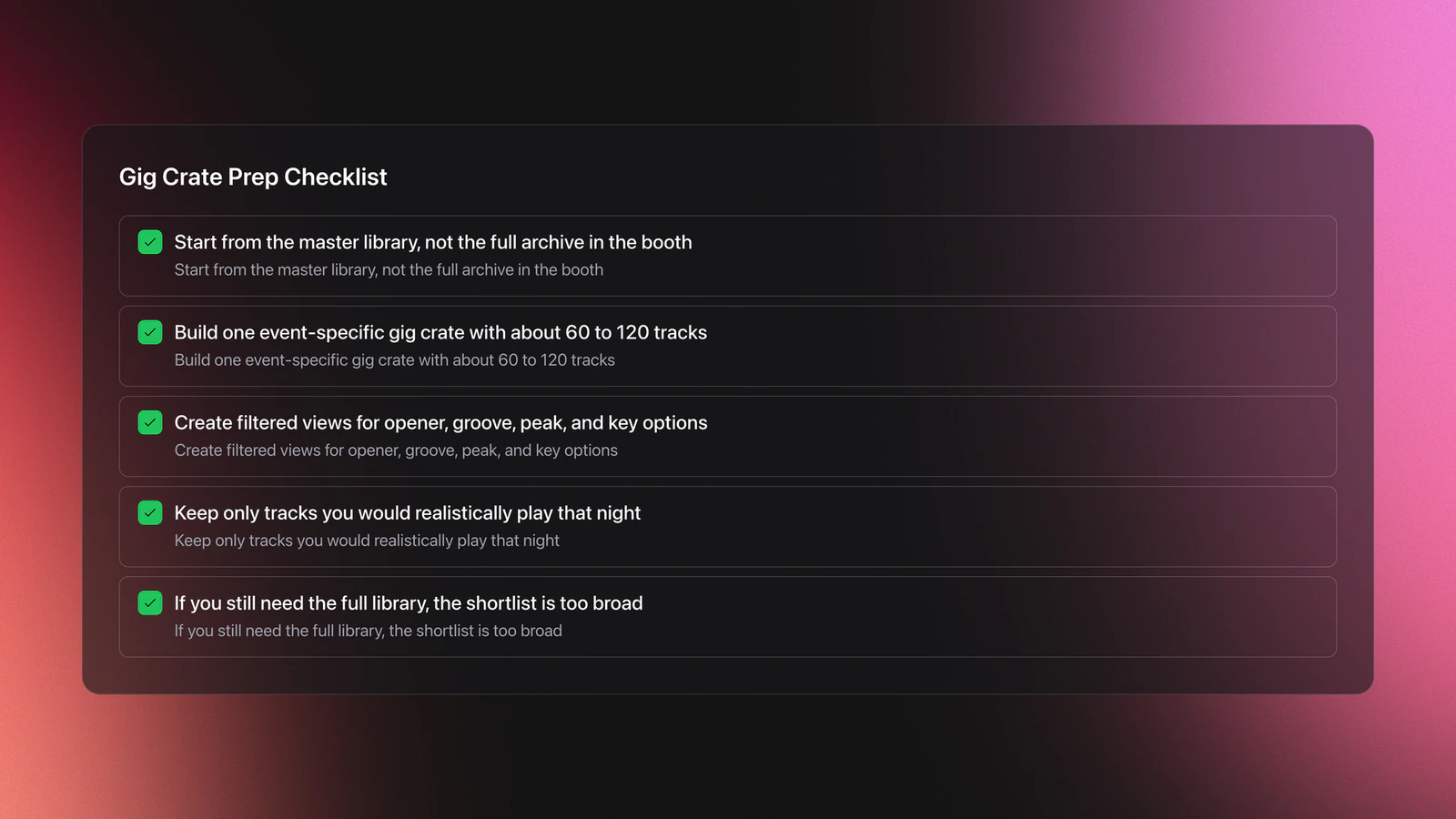 Checklist card for DJ gig prep showing how to build a focused event-specific crate from a master music library