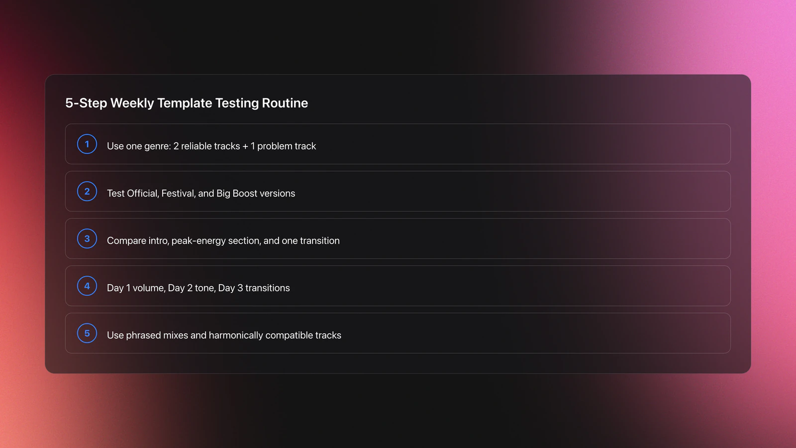 Steps card showing a repeatable five-step practice routine for evaluating Platinum Notes 10 Processing Templates with focused genre-based testing, daily listening goals, and fair comparison rules.