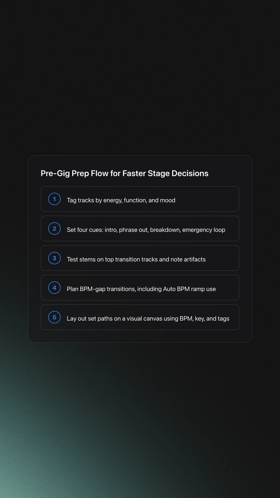 Five-step preparation workflow for professional DJ controller sets covering tagging, cue points, stems testing, tempo transitions, and set planning
