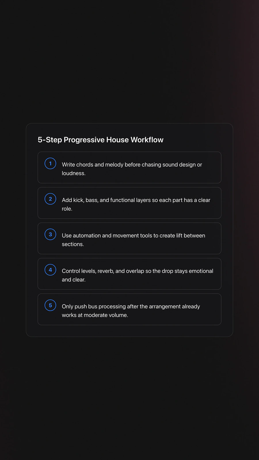 Steps card showing the recommended order for building progressive house music from harmony to loudness