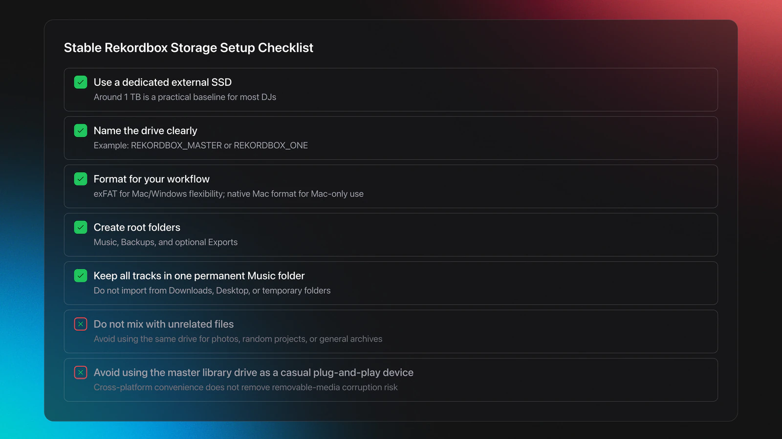 Checklist card for setting up Rekordbox library storage with items covering dedicated SSD use, drive naming, formatting, folder structure, and what to avoid