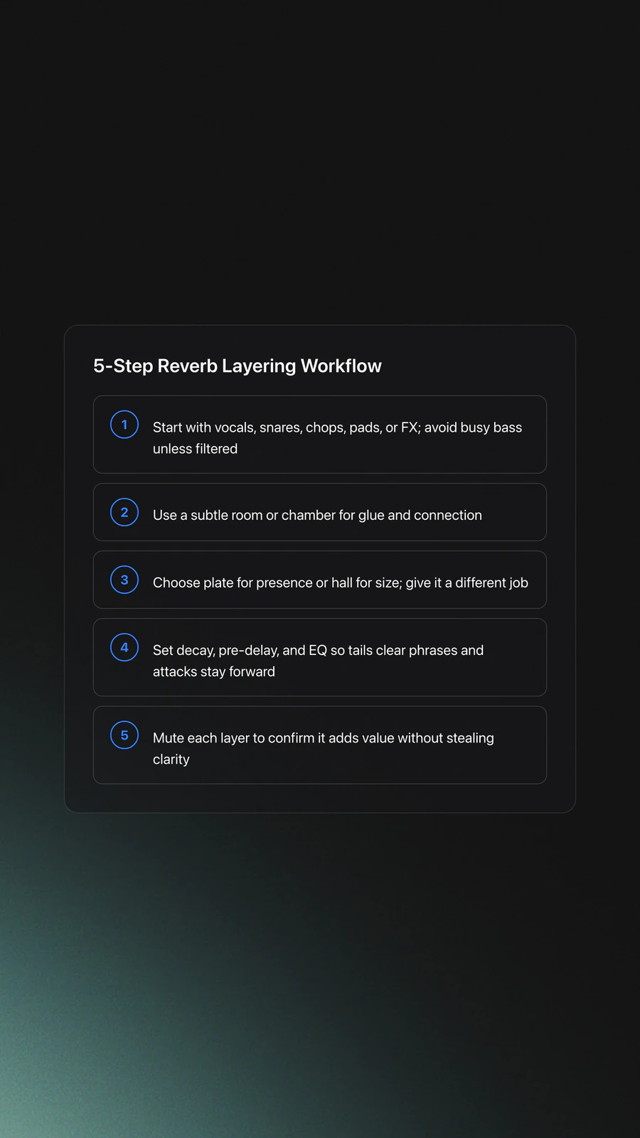 Steps card outlining a five-step workflow for building Reverb Layering from source selection to context testing