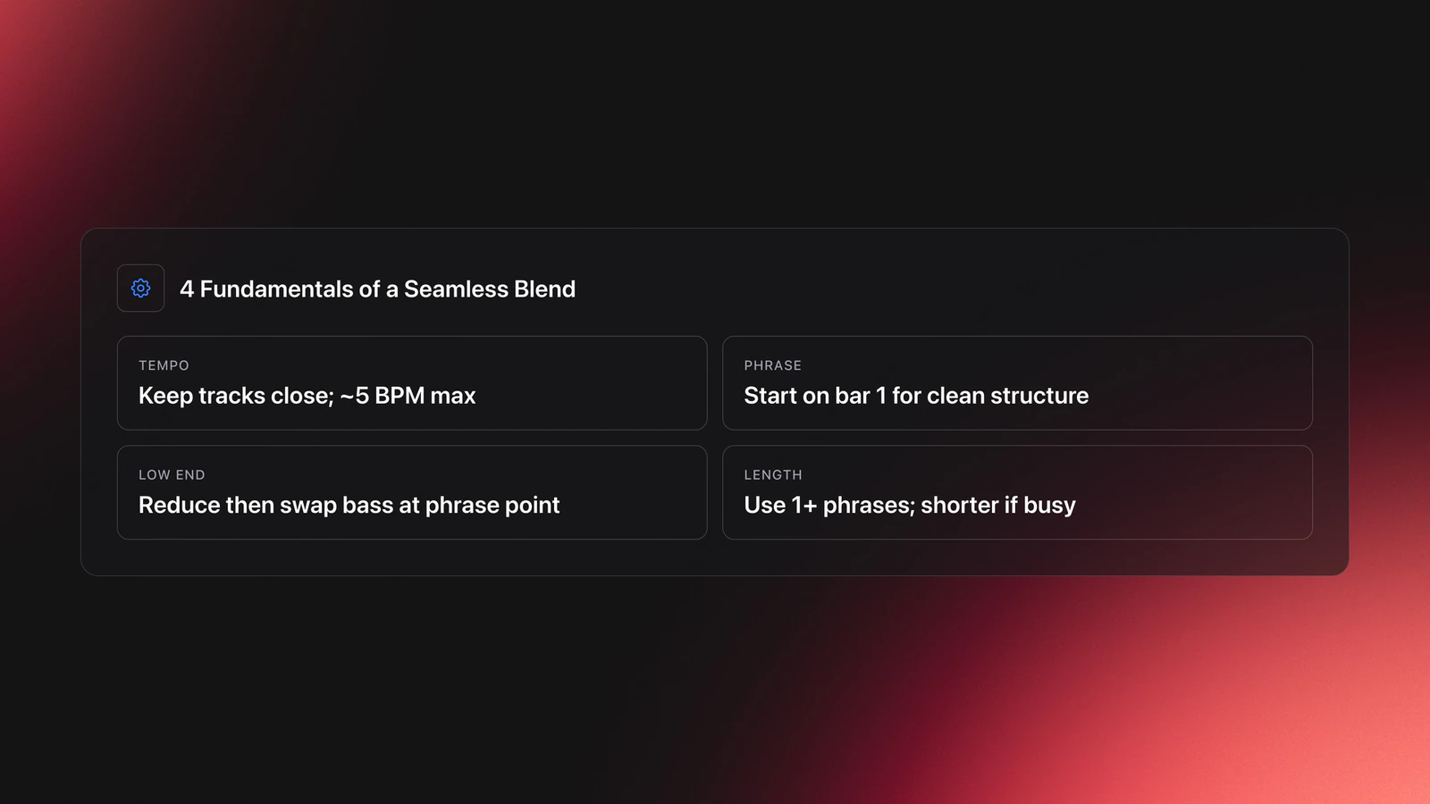 Specifications-style card listing the four core elements of a seamless blend: tempo, phrase, low-end control, and transition length