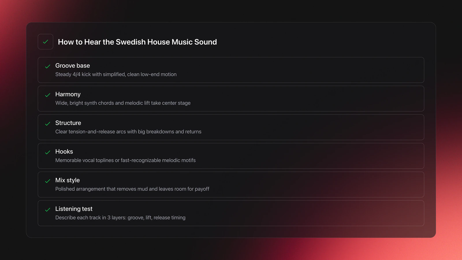 Feature card listing the main sonic traits of Swedish house music including groove, harmony, structure, hooks, mix style, and a three-layer listening test