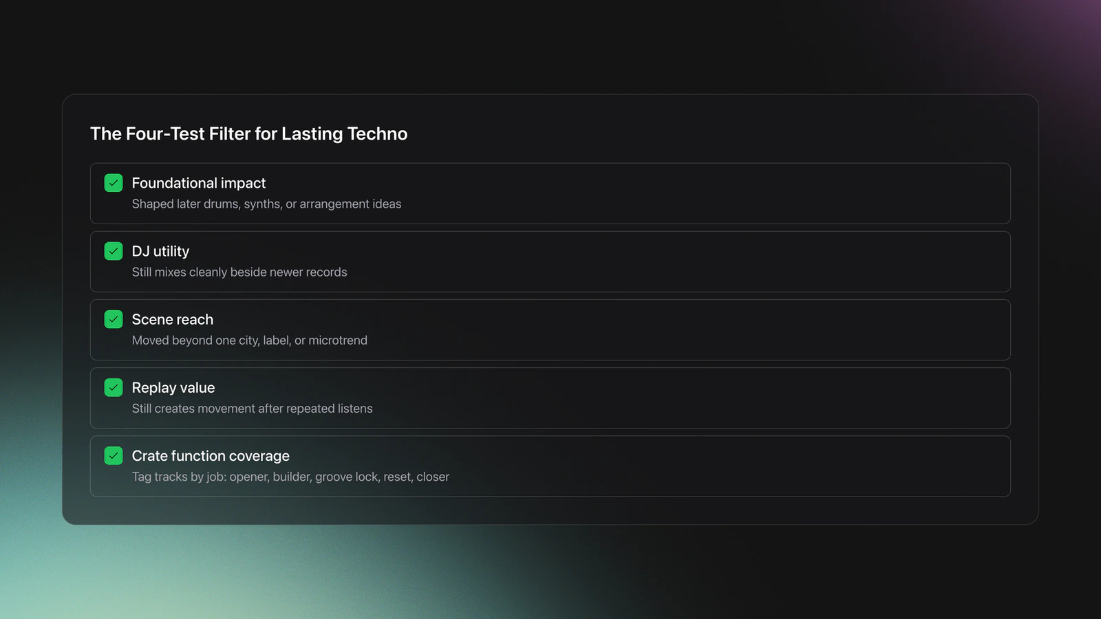 Checklist card showing the four-test filter for evaluating lasting techno songs plus practical crate function coverage