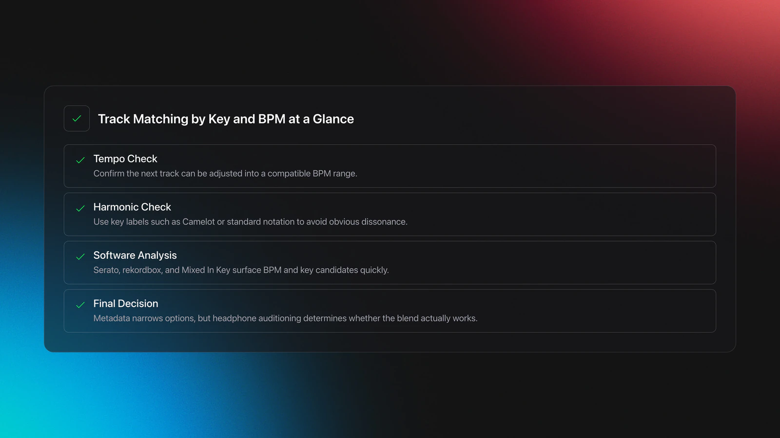 Feature card summarizing track matching by key and BPM with tempo check, harmonic check, software analysis, and final ear test