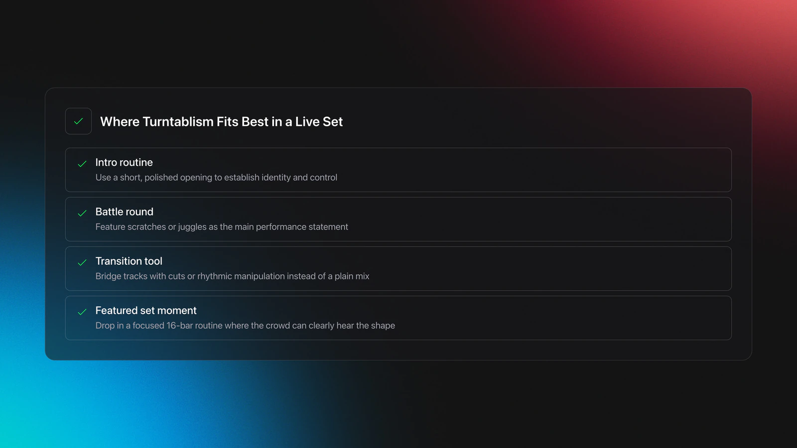 Feature card showing four practical roles for turntablism in real performance: intro routine, battle round, transition tool, and featured set moment