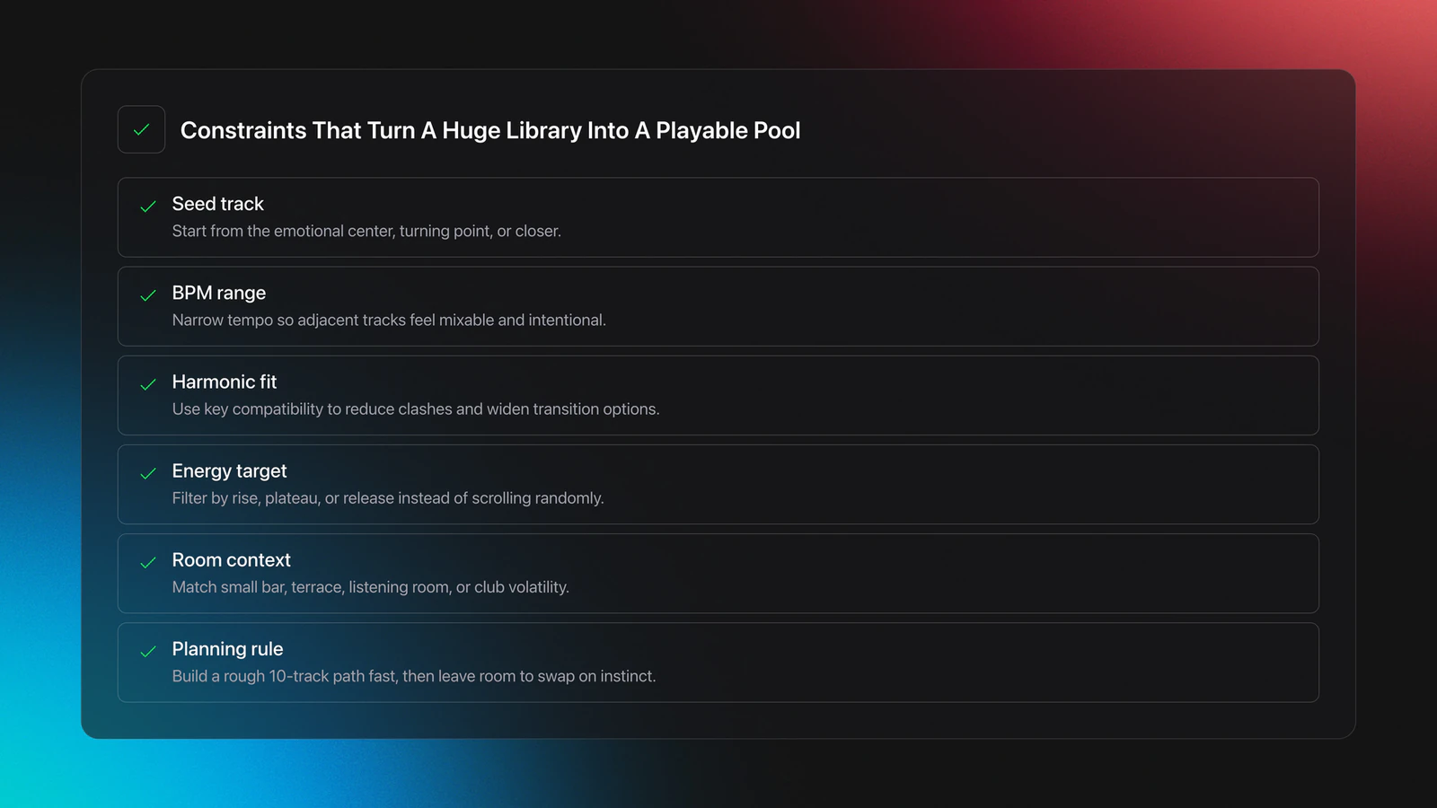 Feature card listing the main constraints DJs can use to plan better sets from a Virtual DJ library