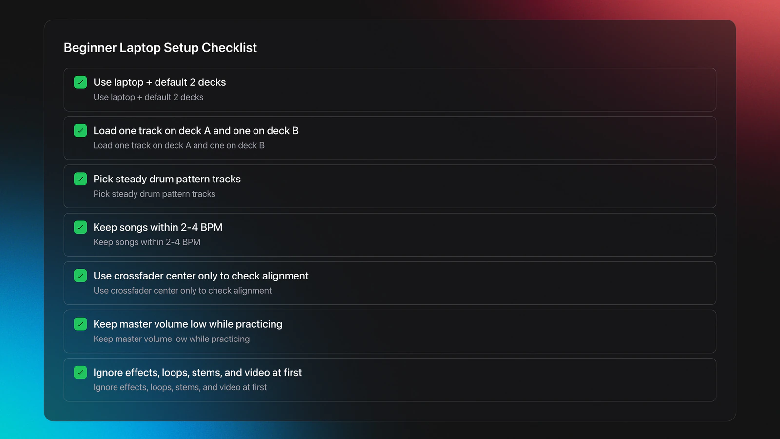 Checklist card showing the recommended beginner VirtualDJ laptop setup steps and practice rules