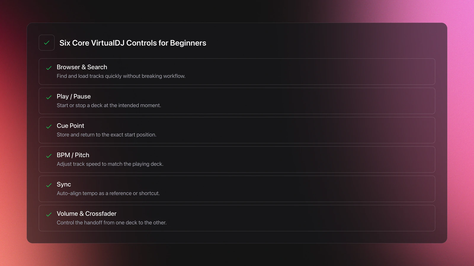 Feature card listing the six essential VirtualDJ controls beginners should learn first